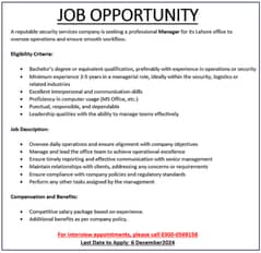 Security Manager for Lahore Job