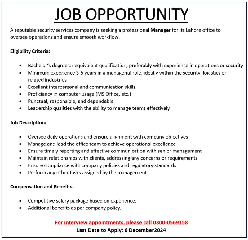 Security Manager for Lahore Job 0