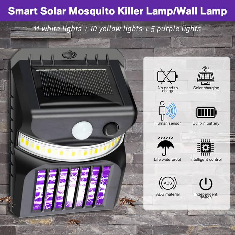 Solar Mosquito Zapper Killer Motion-Activated LED Wall UV Light 0