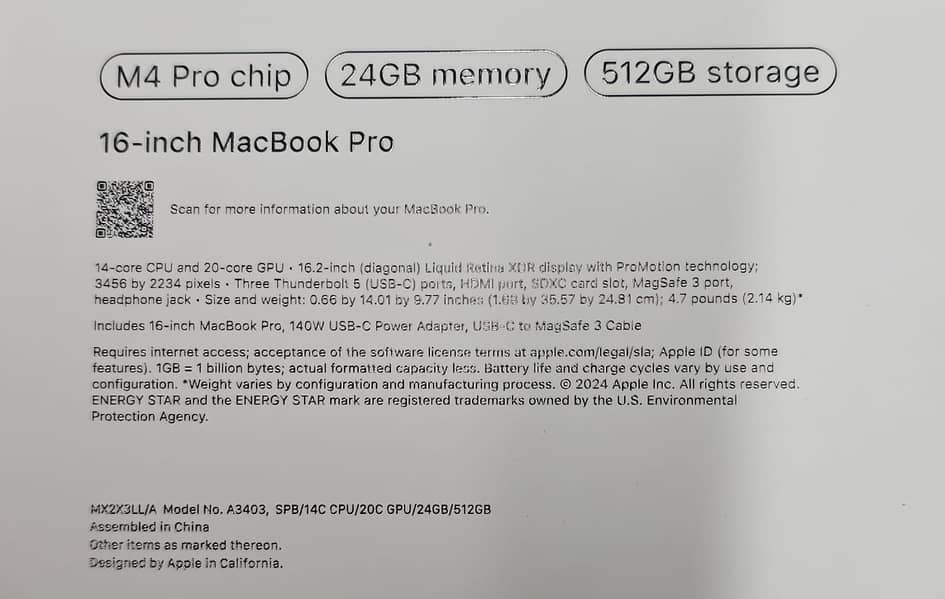 Apple Macbook pro  16" M4 Pro chip MX2X3 1