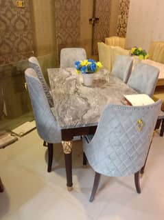 6 seater dining table set/marble top table/wooden chair/luxury dining