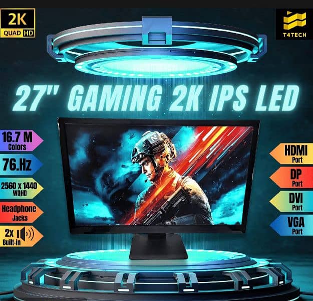 27" INCH 2k LED MONITOR, 16:9 WQHD IPS GAMING LCD HDMI, DP, DVI, VGA 8