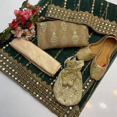 3 piece chiffon embroidered suit with matching clutch and khussa