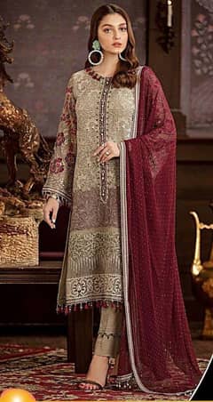 3 pcs women's unstitched chiffon embroided suit