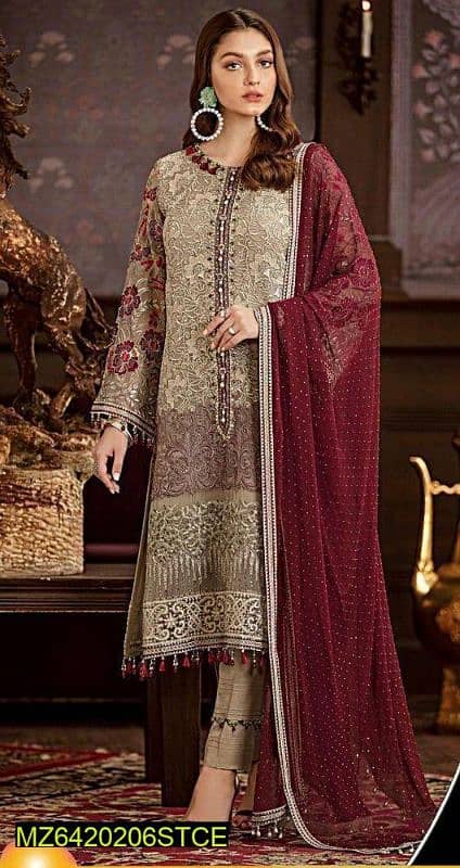 3 pcs women's unstitched chiffon embroided suit 2