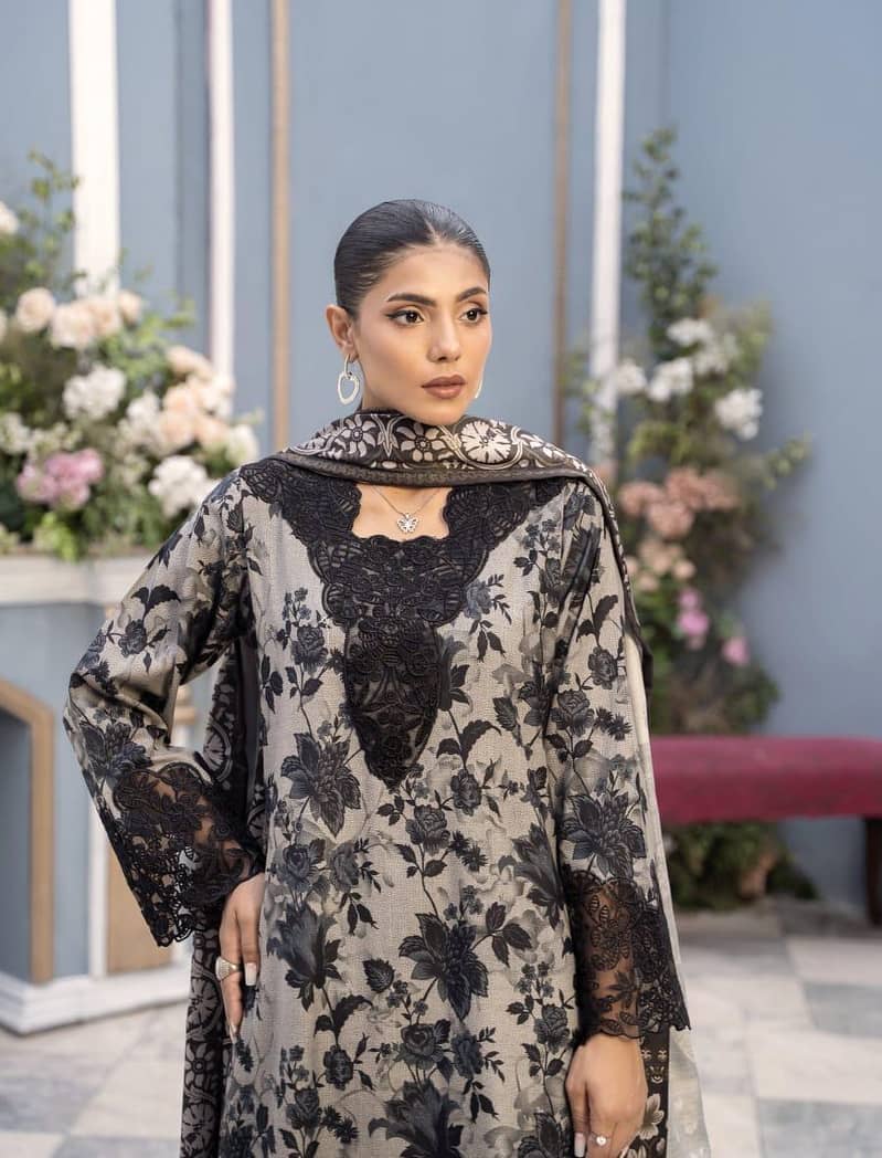 Stylish Black Printed Khaddar Suit - 2Pcs with elegant lace work 0