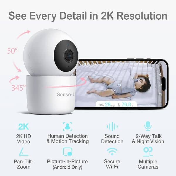 Sense-U Smart 2K Video Video Baby Monitor, Pan/Tilt, Person 2