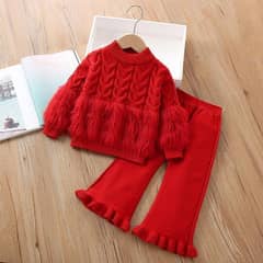 Girl's stylish twisted furr knitted long seeleved and pants set -2pcs