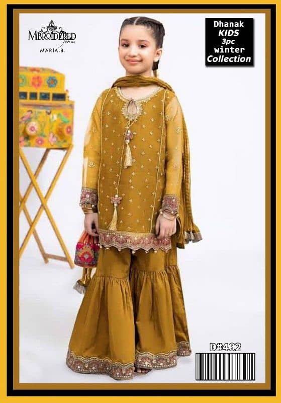 elegant golden embroiderd dhanak suit set for girls (3 pcs )  age 1-10 2