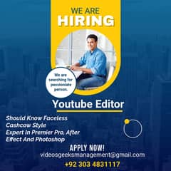 Video Editors || YouTube Video Editors Required || Jobs in Lahore