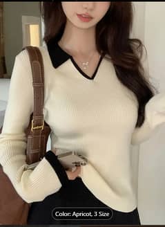 Contrast Trim Ribbed Collared Sweater, Elegant Long Sleeve Sweater Fo