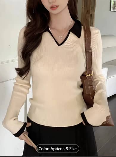 Contrast Trim Ribbed Collared Sweater, Elegant Long Sleeve Sweater Fo 1