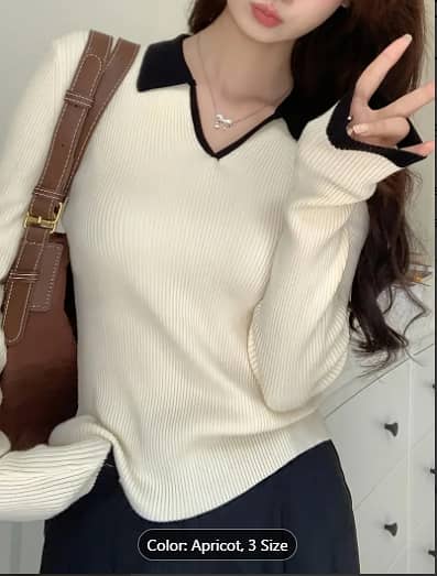 Contrast Trim Ribbed Collared Sweater, Elegant Long Sleeve Sweater Fo 2