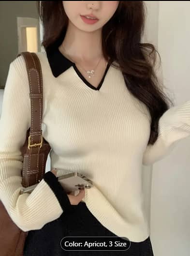 Contrast Trim Ribbed Collared Sweater, Elegant Long Sleeve Sweater Fo 3