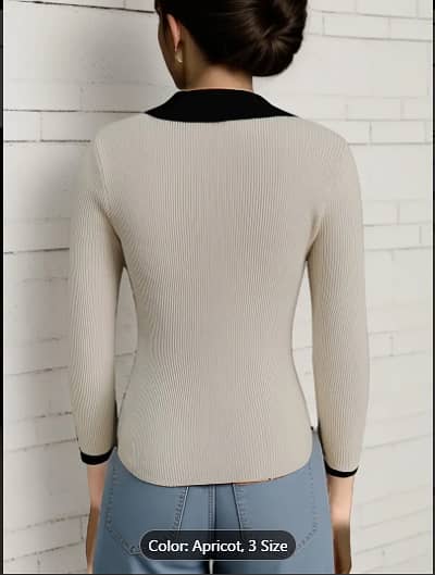 Contrast Trim Ribbed Collared Sweater, Elegant Long Sleeve Sweater Fo 4