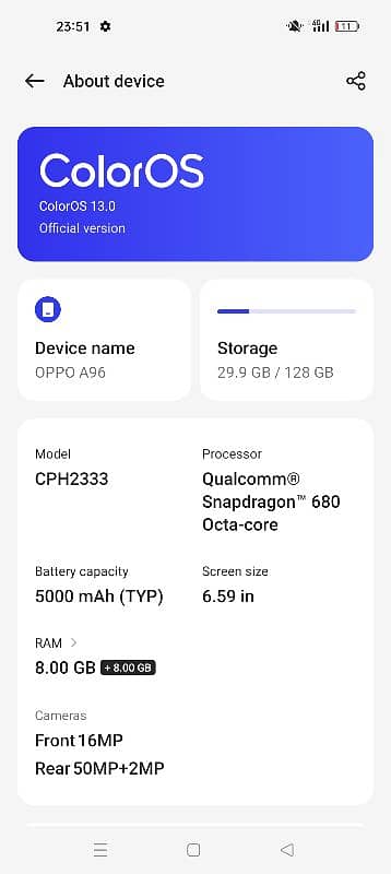 Oppo A96 ram 8+8 128gb memory 0