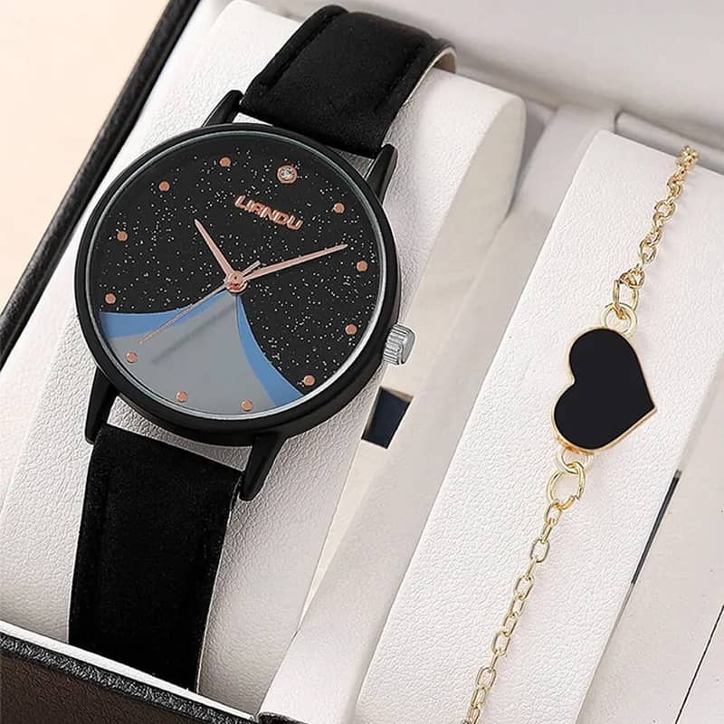 Luxury 6 Pcs/set  women watch ring necklace earrings rhinestone casual 6