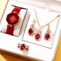 Luxury 6 Pcs/set  women watch ring necklace earrings rhinestone casual