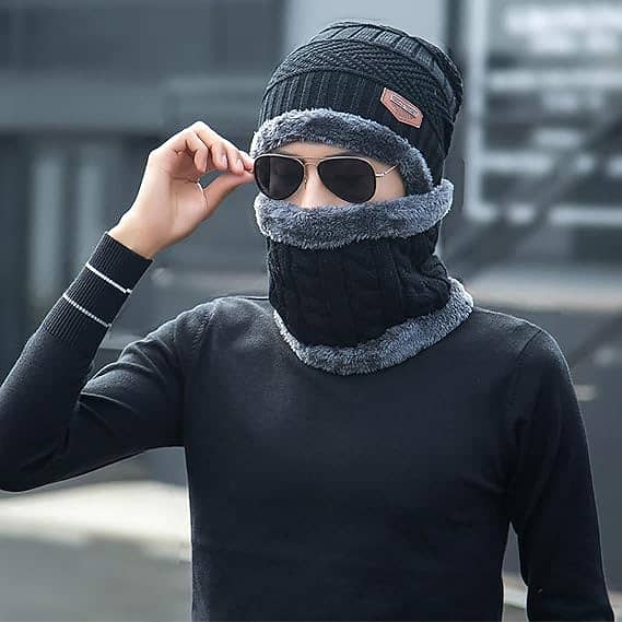 Woolen Winter Beanie & Neck Warmer Combo – Unisex (Random Color) 0