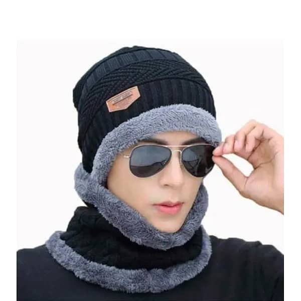 Woolen Winter Beanie & Neck Warmer Combo – Unisex (Random Color) 1