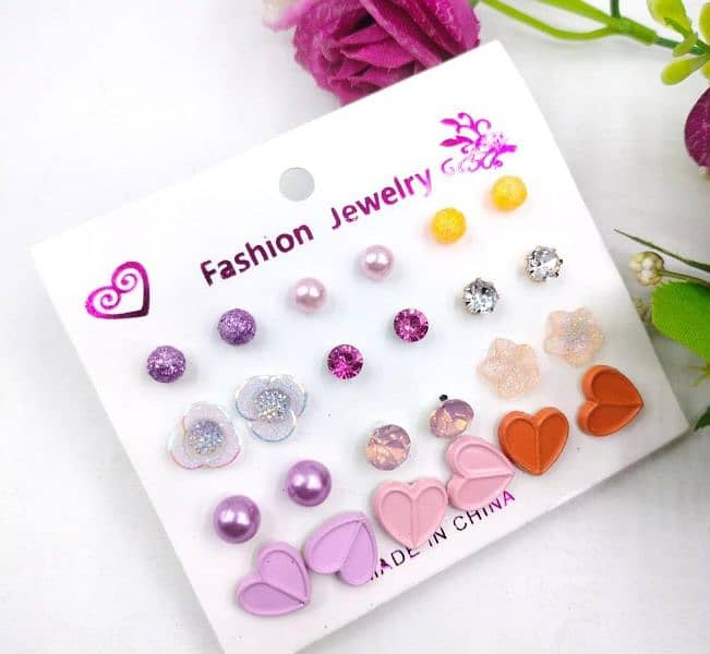 Trendy Artificial Stones Ear Studs, Pack Of 12 0