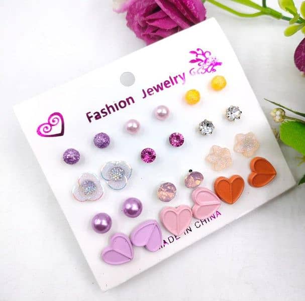 Trendy Artificial Stones Ear Studs, Pack Of 12 1