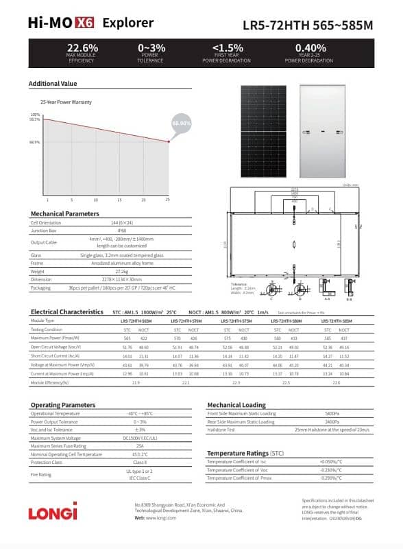 Longi Hi-Mo X6 585 watt Monofacial singl glass. 1