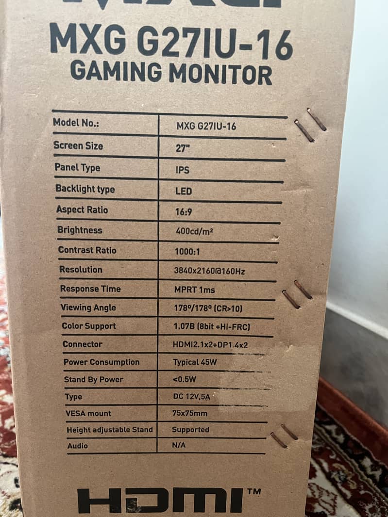 MXG G27IU-16 27inch IPS 4K 160hz, VRR enabled Gaming Monitor with HDMI 1