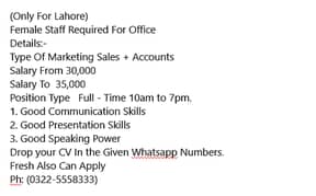 Female Staff Required For Office Marketing Sales + Accounts