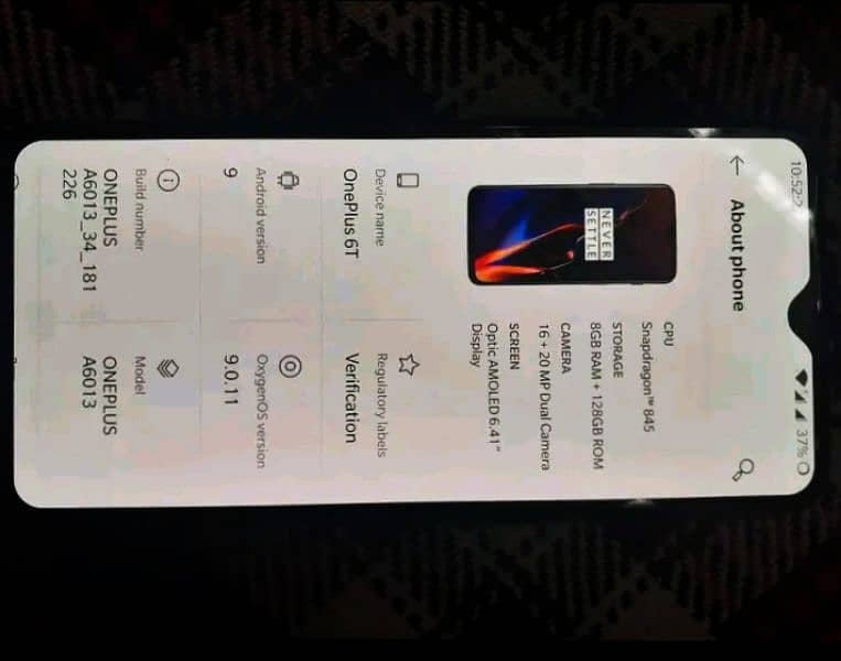 One Plus 6T PTA Provd Officl Snapdrgn 845 disply fingr 8/128gb dul sim 10