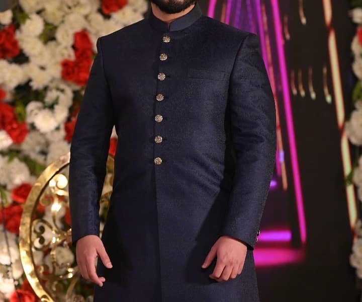 Navy blue and beige sherwani for wedding 0