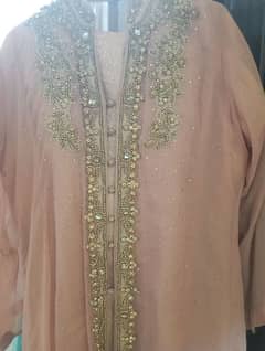 beautiful peach open shirt style dress with golden embroidery work