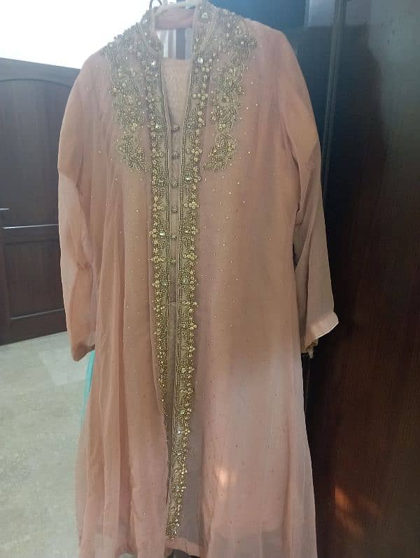 beautiful peach open shirt style dress with golden embroidery work 1