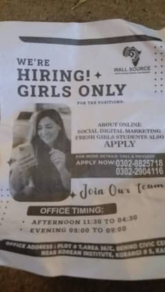 we are hiring just girls staff for part time jobs opportunity.