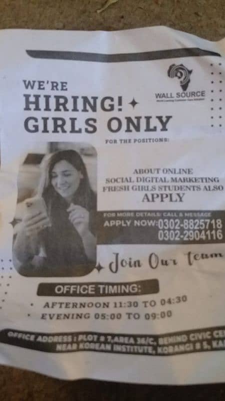 we are hiring just girls staff for part time jobs opportunity. 0