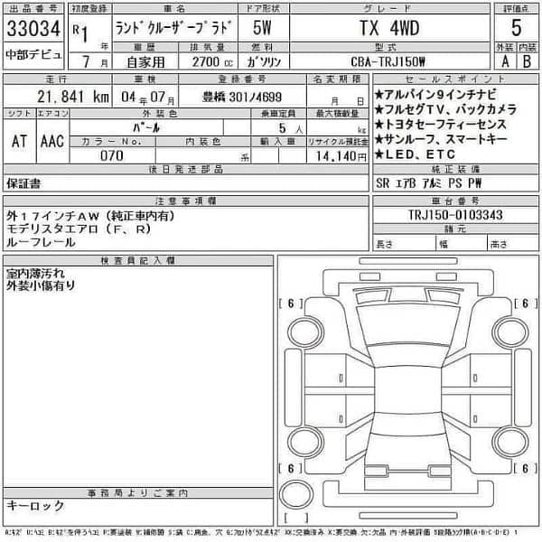 Toyota Prado 2019 Model 2024 Registered 5AA Grade Auction Sheet 2