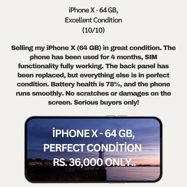 iPhone X 64GB - Excellent Condition - Rs. 36,000 3