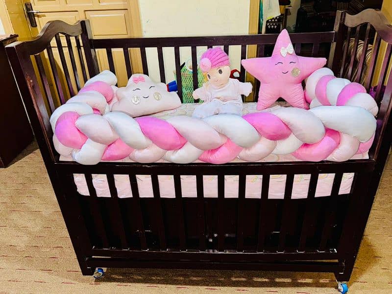 WOODEN BABY COT + MATRESS + BRAID FOR SALE 0