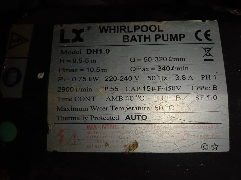 Whirlpool Bath pump 1 HP LX brand 0