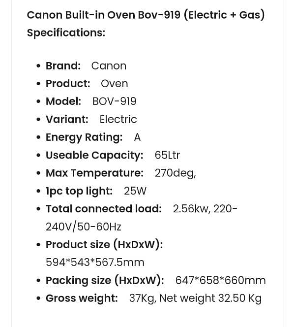 Canon Built in Oven - (Electric+ Gas) BOV-919 5