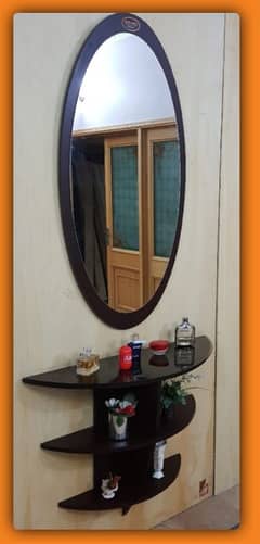 oval shaped mirror with half moon shaped wooden console