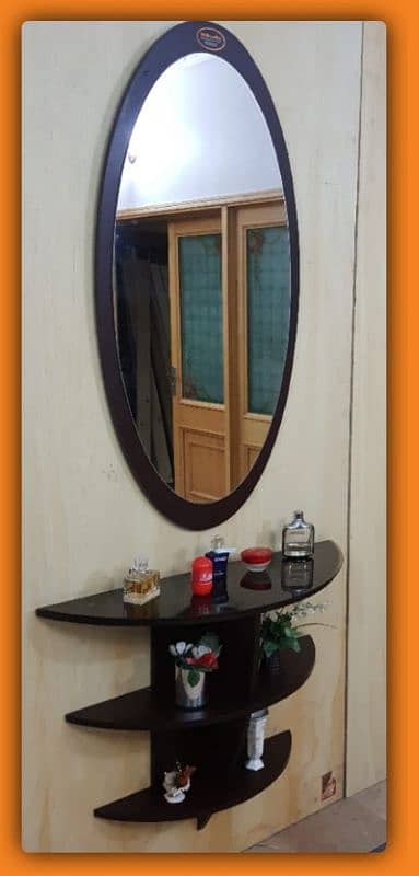 oval shaped mirror with half moon shaped wooden console 0