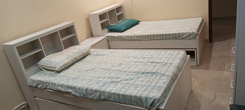 2 Single Beds with Mattress + Shelf/Drawers 0