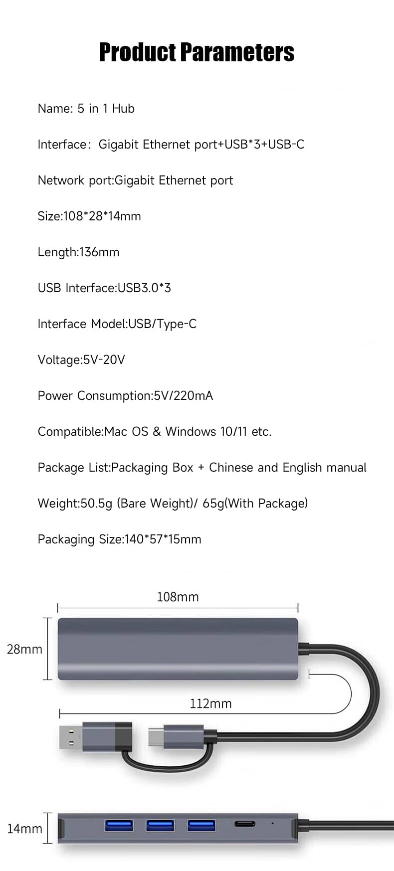 5-IN-2 USB-C/A MULTIPORT ADAPTER USB 3.0 GIGABIT RJ45 DOCKING STATION 6