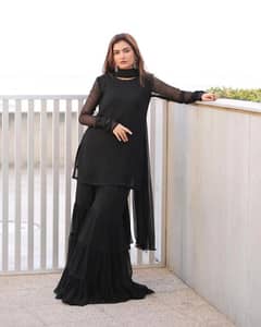 Elegant Black Chiffon Gharara Shirt Set -3 Pcs