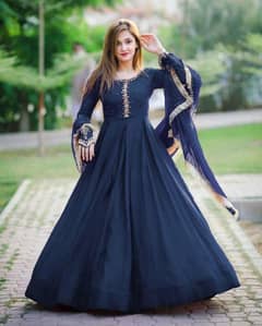 Elegant Blue Embroidered Chiffon Maxi Suit 3 Pcs Set