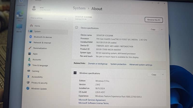 Acer Extensa 11th gen Processor i5 Ram 16Gb Ssd 250GB 0