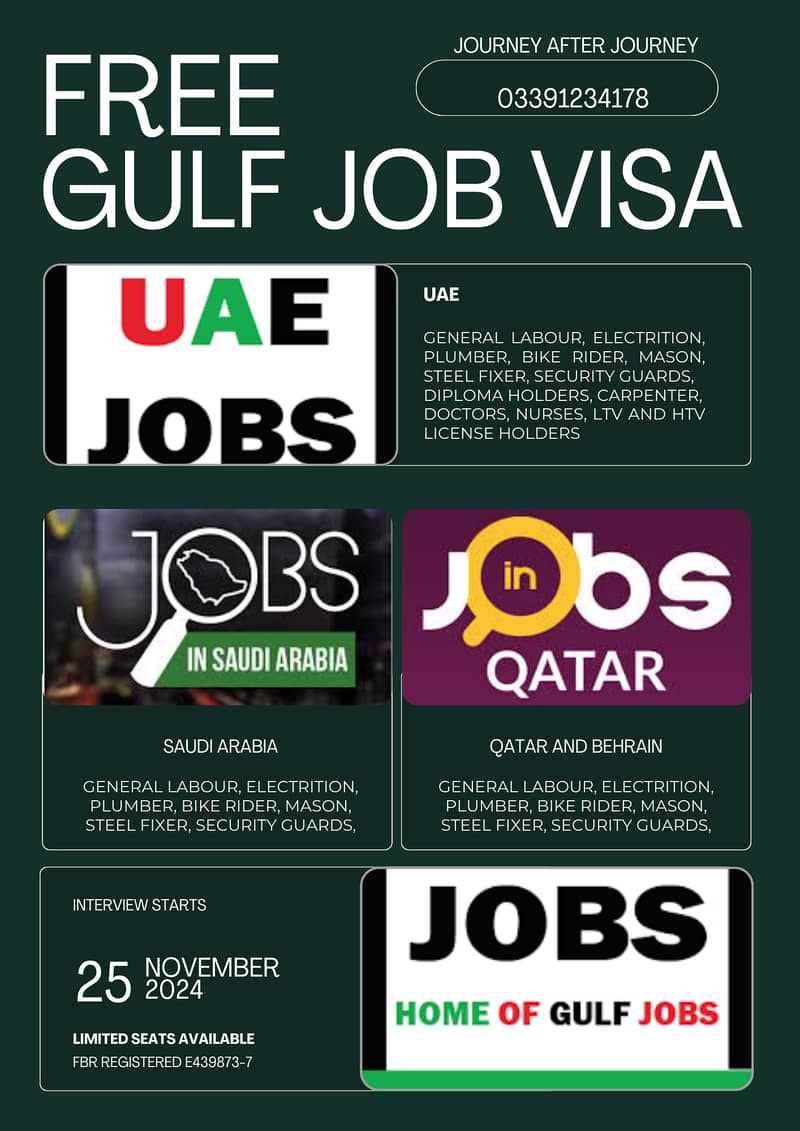 bumper offer FREE JOB VISA in SAUDI ARAB, UAE, QATAR BEHRAIN 0