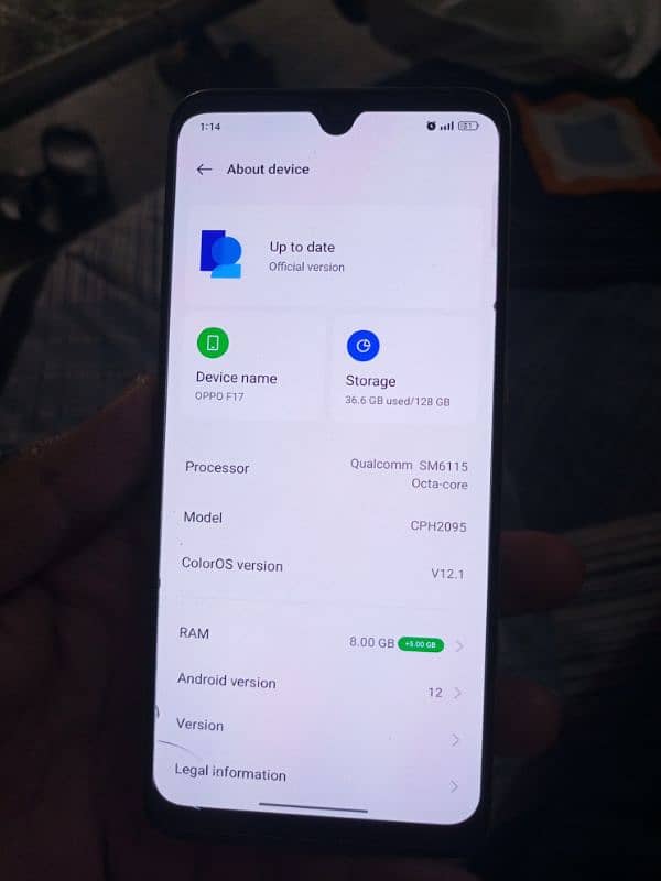 OPPO F17 8/128 penal change hai No Box No Charger DOUl SIM mein 7