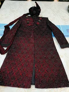 Dual Tone Velvet Sherwani With Turban, Mala and Khusa